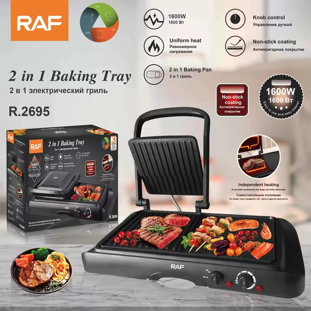 Grill și plită electrică 2 în 1 RAF R.2695 – Putere 1600W, suprafata antiaderenta, temperatura reglabila, culoare negru