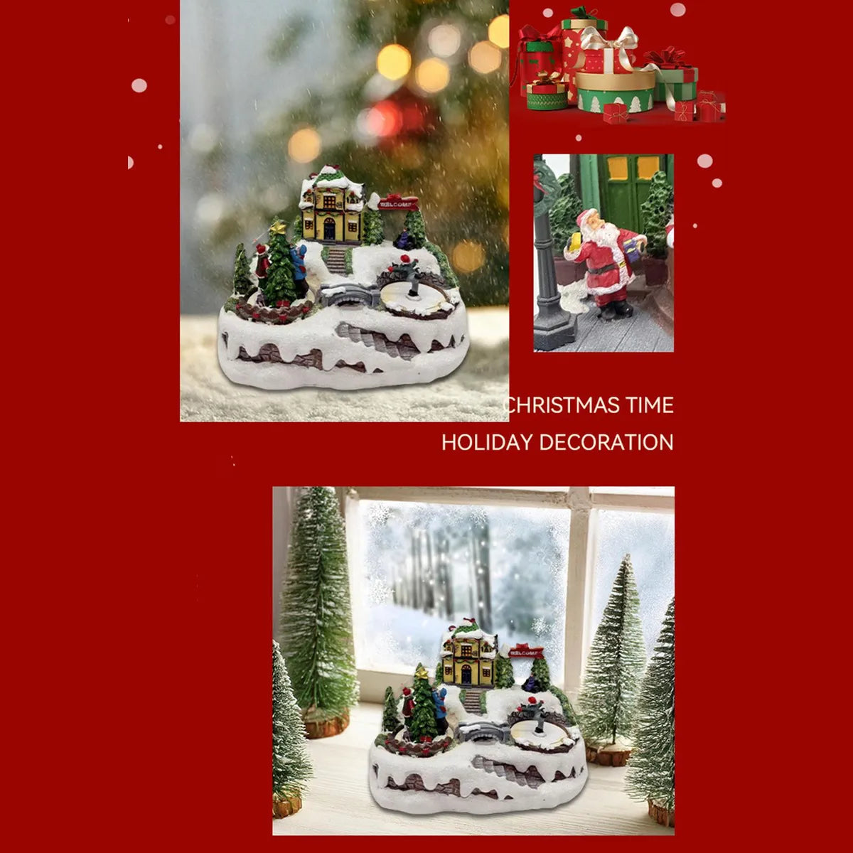 Decoratiune Muzicala de Craciun cu Luminare LED, Miscarare Rotativa si Peisaj de Iarna – Model Casa cu Patinoar