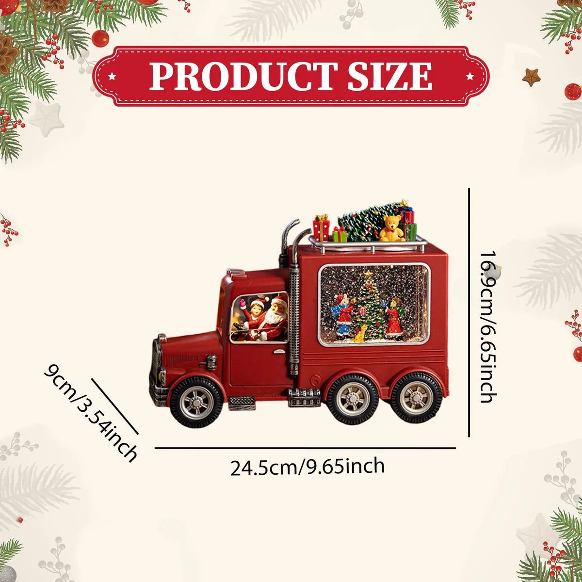 Decoratiune Craciun Camion Muzical cu Lichid si Sclipici, Iluminare LED si Scene 3D – 24.5 cm