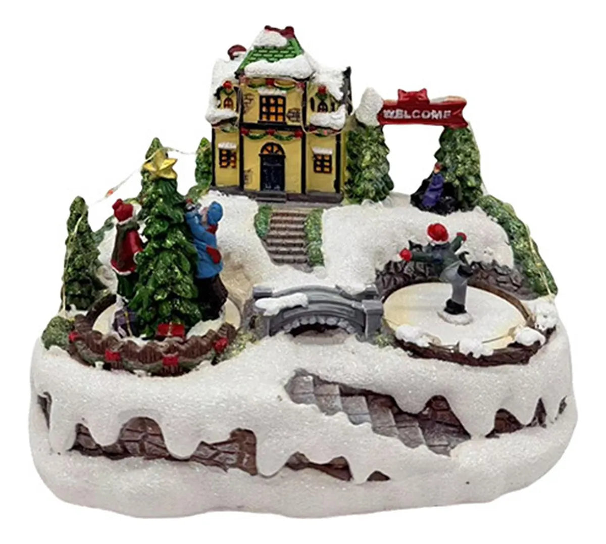 Decoratiune Muzicala de Craciun cu Luminare LED, Miscarare Rotativa si Peisaj de Iarna – Model Casa cu Patinoar