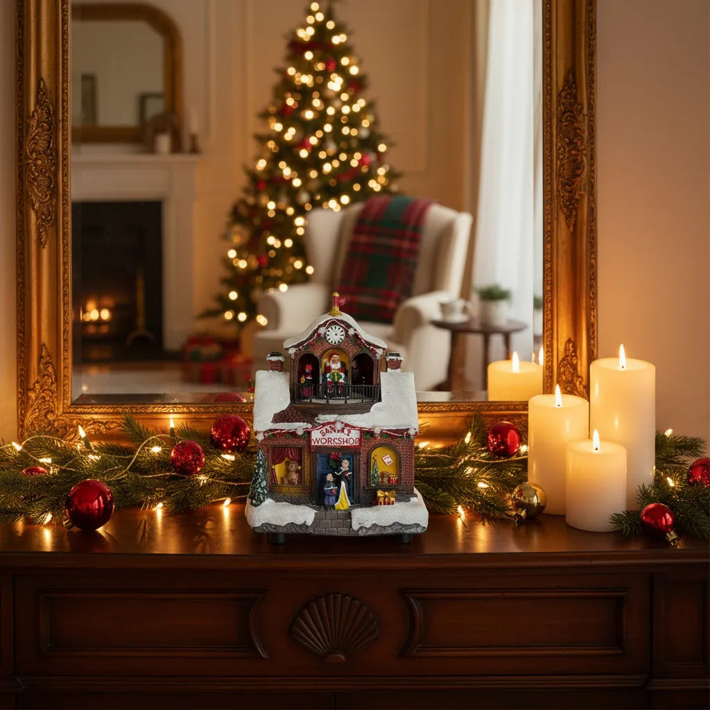 Decoratiune Muzicala de Craciun cu Luminare LED, model Santa Workshop cu Mos Craciun in mansarda, ceas decorativ, acoperis inzapezit, ferestre cu jucarii, copii la intrare