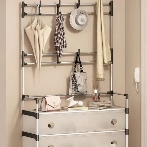 Cuier cu raft pantofi pe 3 niveluri si 8 carlige duble, suport haine si incaltaminte pentru hol