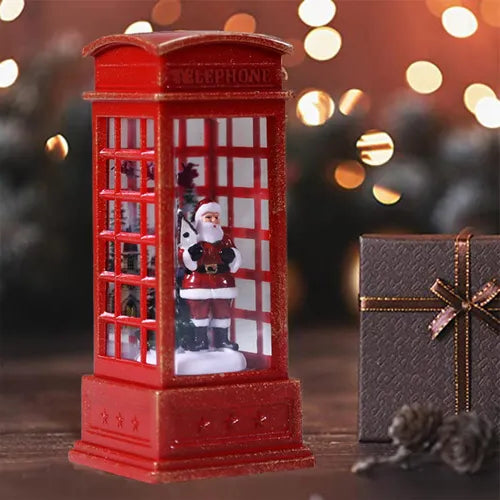 Decoratiune De Craciun Tip Cabina Telefonica cu Mos Craciun Si Brad, Cadouri, Functie Muzicala, Lumini Si Ninsoare Automata, Cu Apa, Lumina Calda, Usb sau Baterii, Led