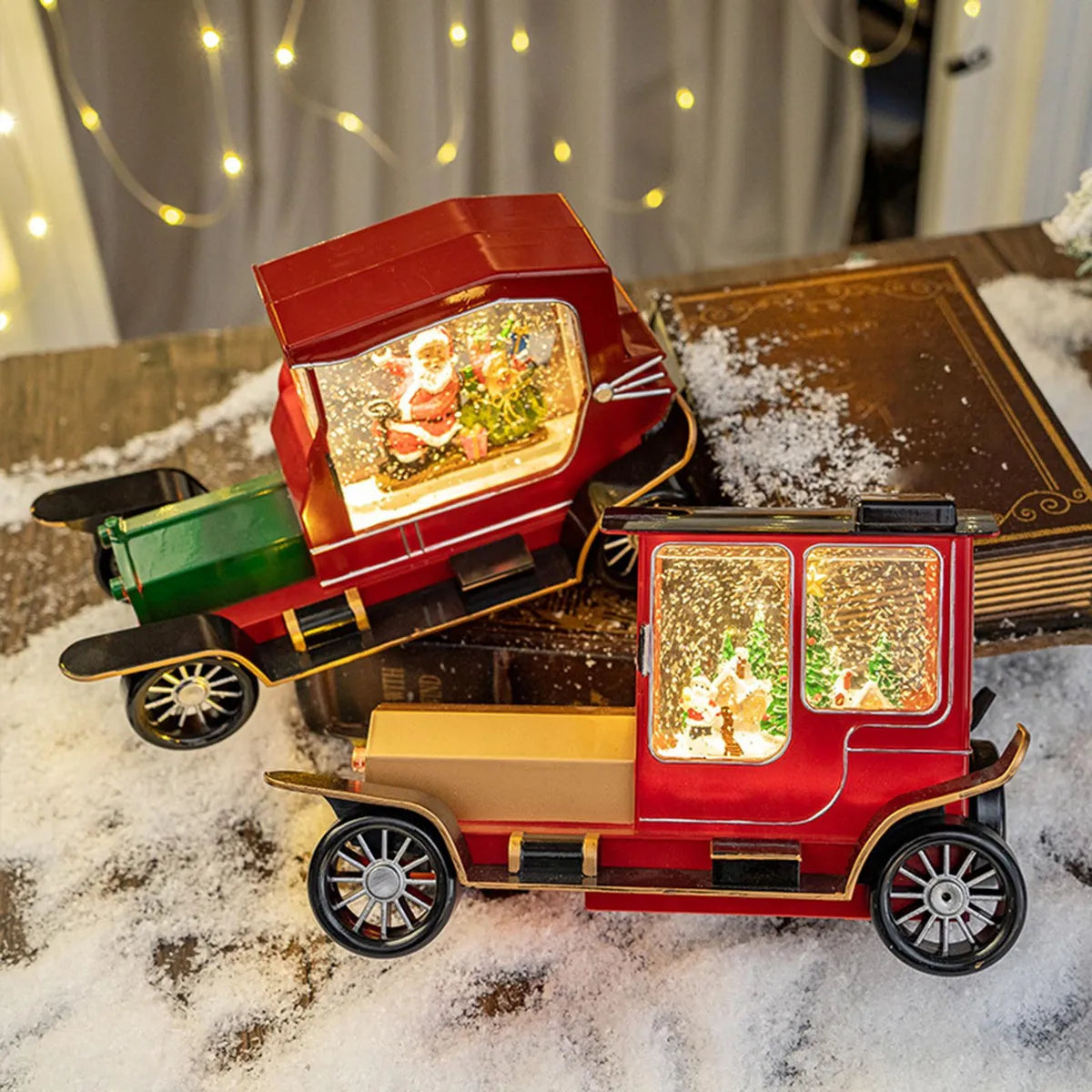 Decoratiune Craciun tip masina de epoca cu Mos Craciun si cadouri, functie muzicala, zapada in miscare, 6x27 cm16x27cm