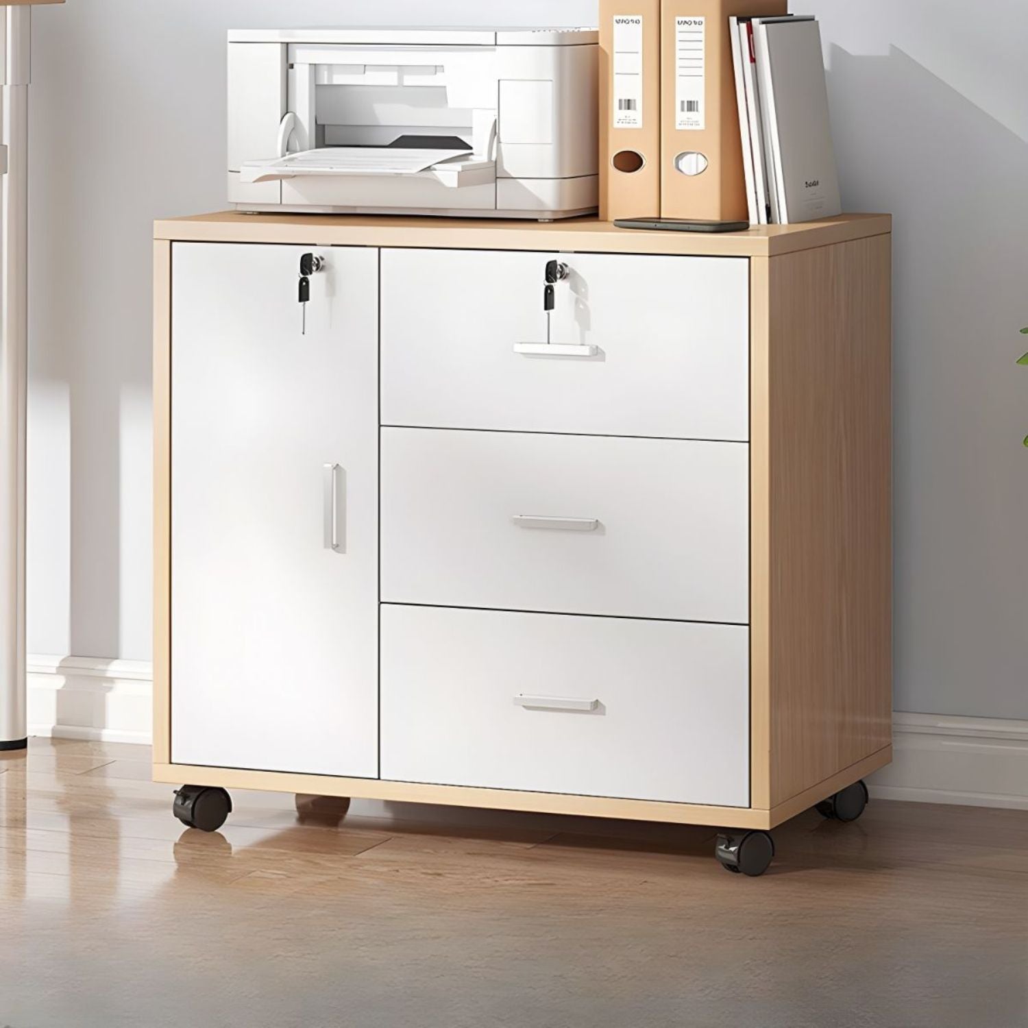 Dulap birou cu 3 sertare și încuietoare, rafturi și roți incluse – natur/alb, 60x37x57 cm