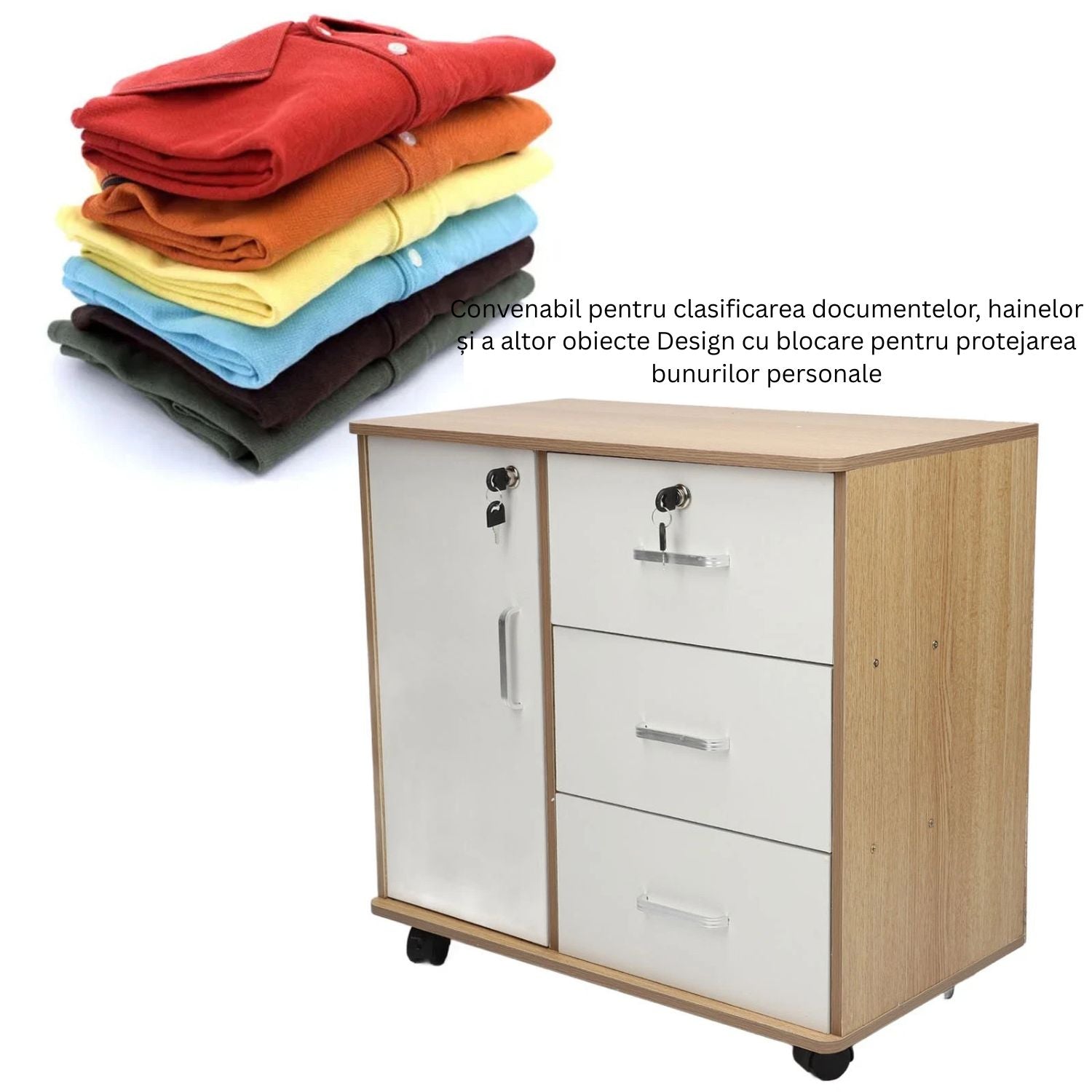Dulap birou cu 3 sertare și încuietoare, rafturi și roți incluse – natur/alb, 60x37x57 cm