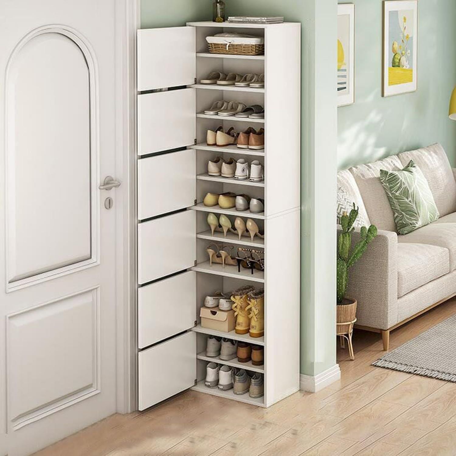 Dulap pantofi vertical, cu ușă și rafturi multiple – 42x30x176 cm, Alb/Gri