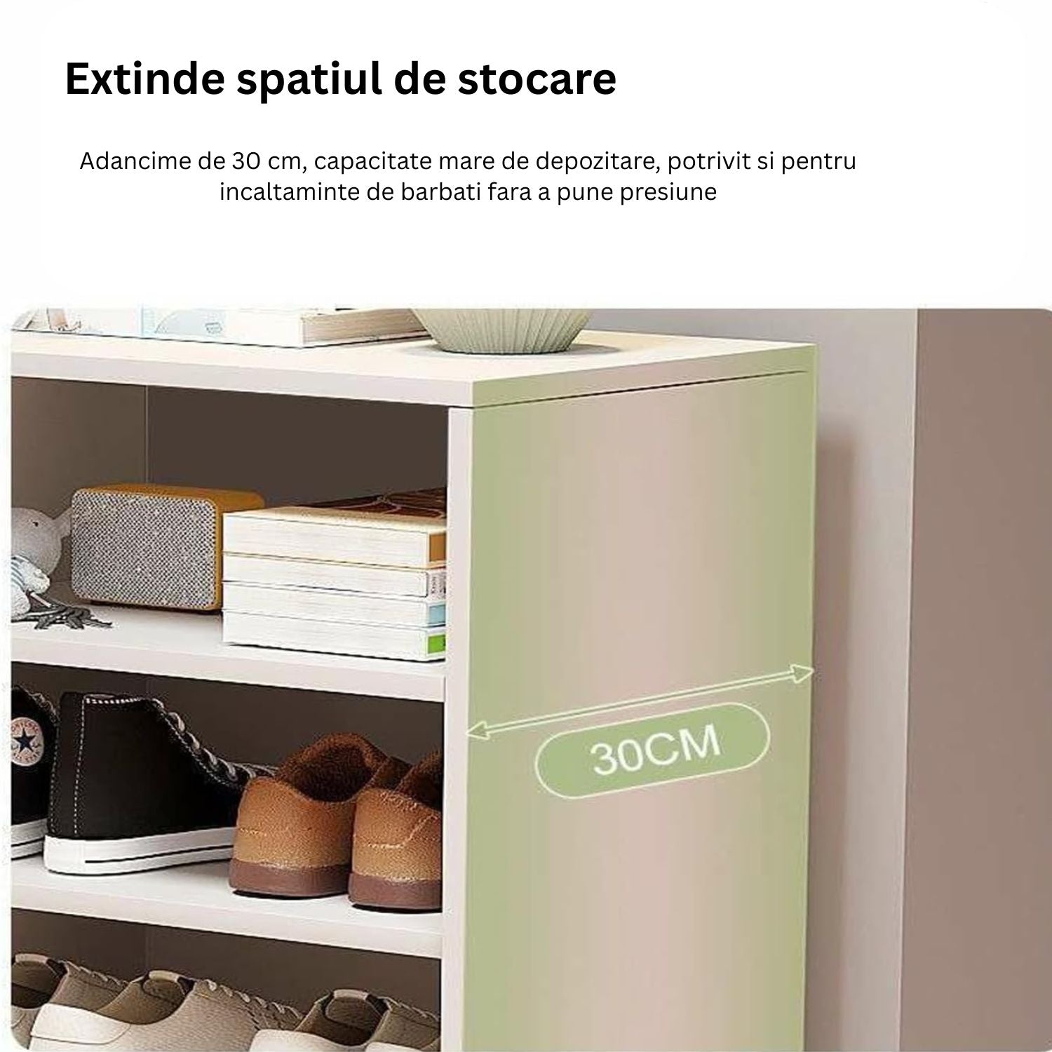 Dulap pantofi vertical, cu ușă și rafturi multiple – 42x30x176 cm, Alb/Gri