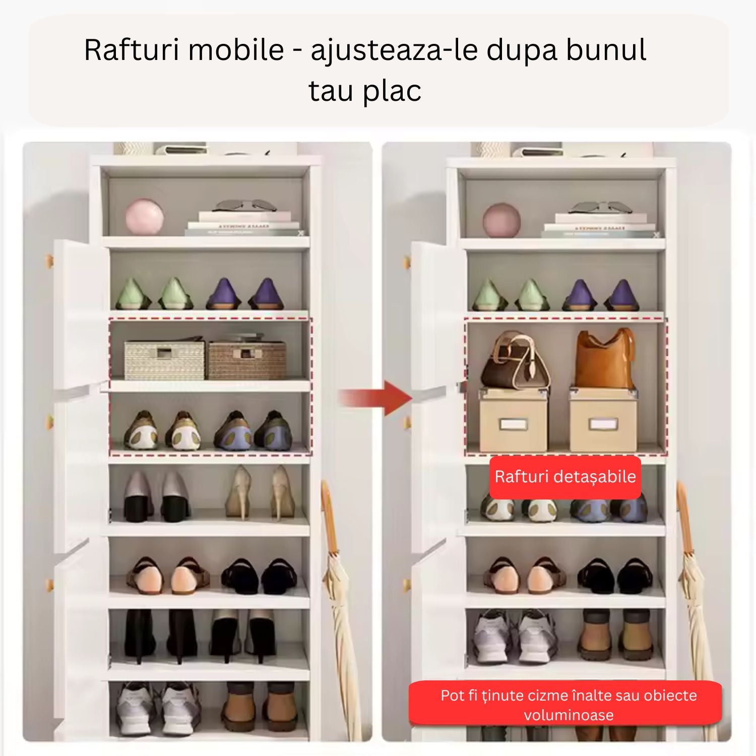 Dulap pantofi vertical, cu ușă și rafturi multiple – 42x30x176 cm, Alb/Gri