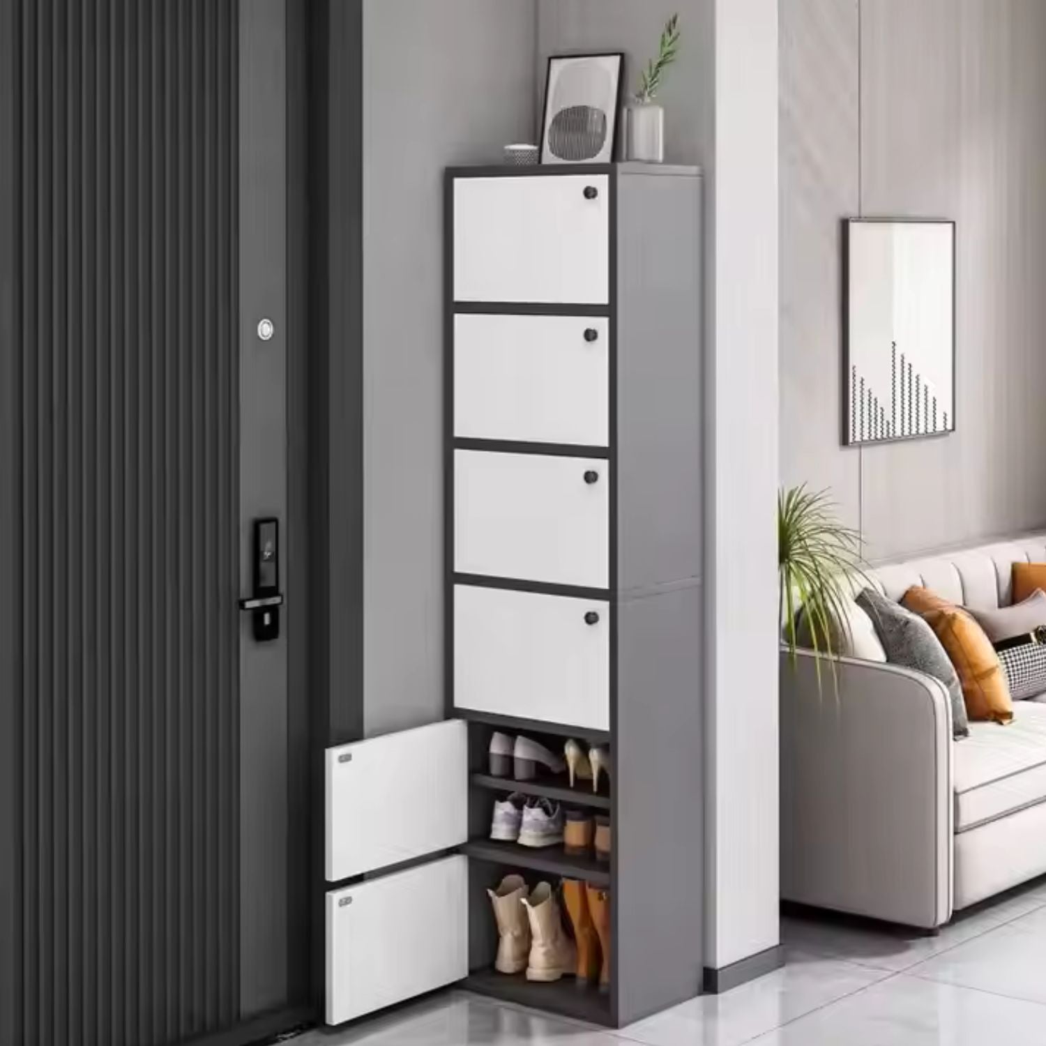 Dulap pantofi vertical, cu ușă și rafturi multiple – 42x30x176 cm, Alb/Gri