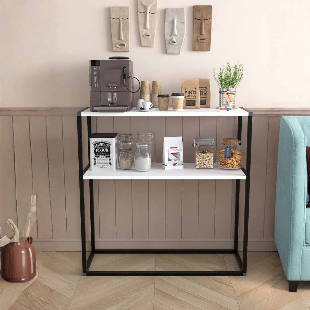 Masă consola decorativa cu 2 rafturi, 90x90x33,5 cm, efect stejar și cadru metalic