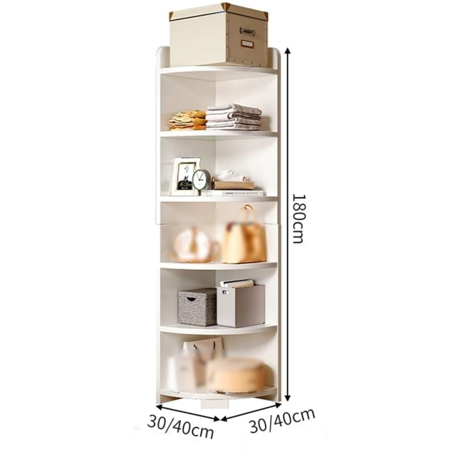 Etajeră colț, din lemn, 6 rafturi – disponibilă și cu agățători – 180x40x40 cm, Alb