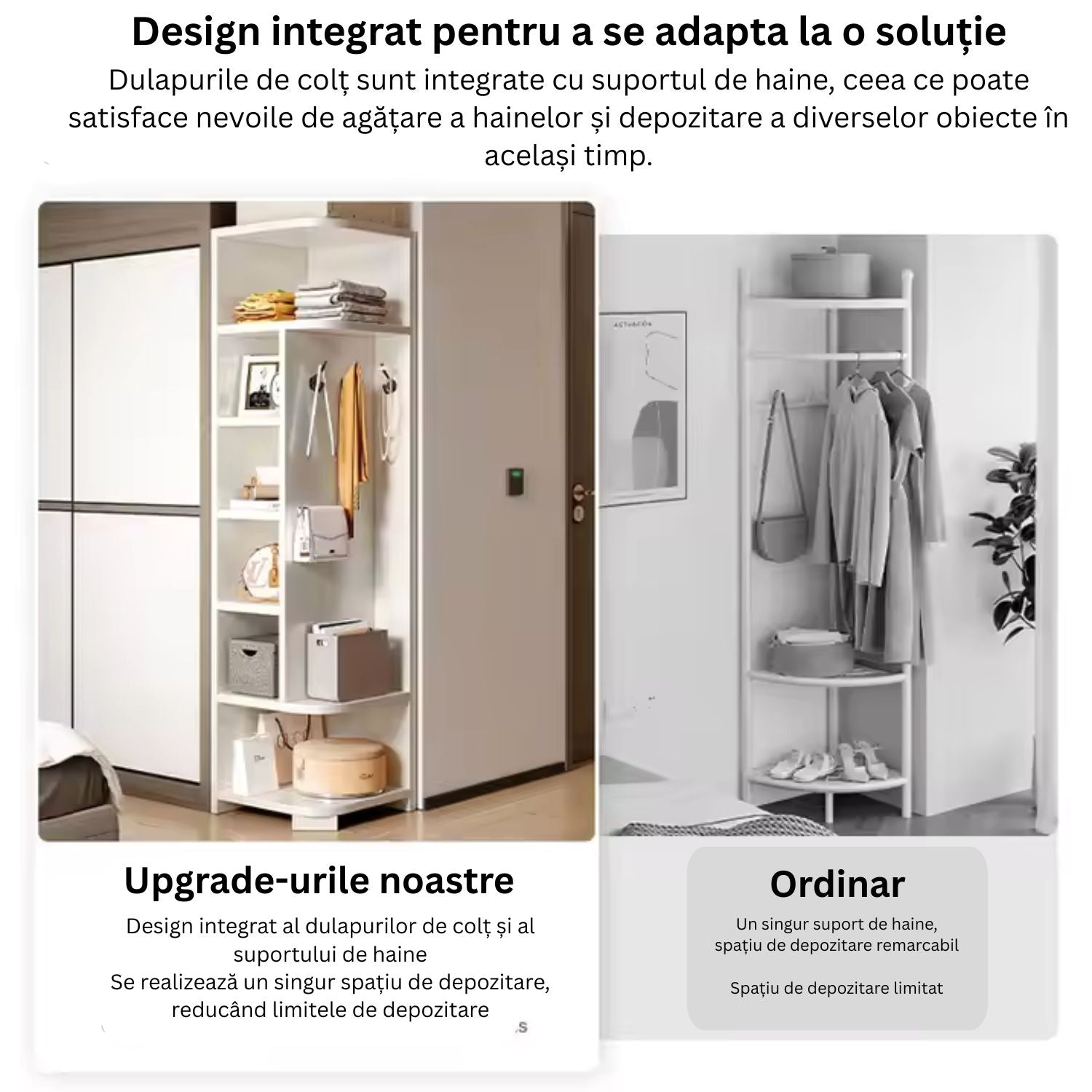 Etajeră colț, din lemn, 6 rafturi – disponibilă și cu agățători – 180x40x40 cm, Alb