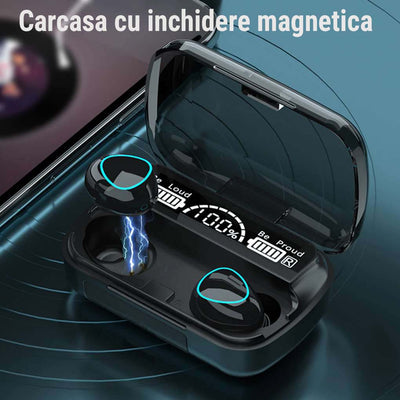 Casti wireless M10, Bluetooth 5.3, Stereo, LED, TWS, Negru