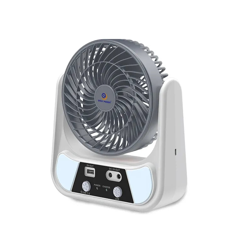 Ventilator cu incarcare solara, 15/20 cm, cu 2 becuri incluse, functie de powerbank, din ABS, cu USB, alb/gri