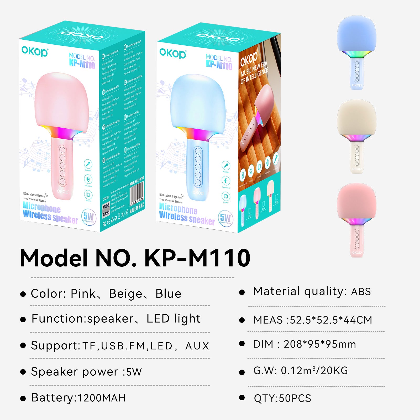Microfon Karaoke Wireless cu Boxa si LED RGB OKOP KP-M110 – 5W