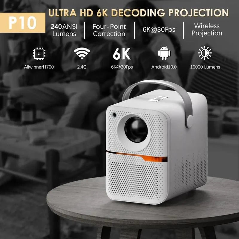 Videoproiector portabil P10 – decodare 6K, Android 10, 240 ANSI, Wireless