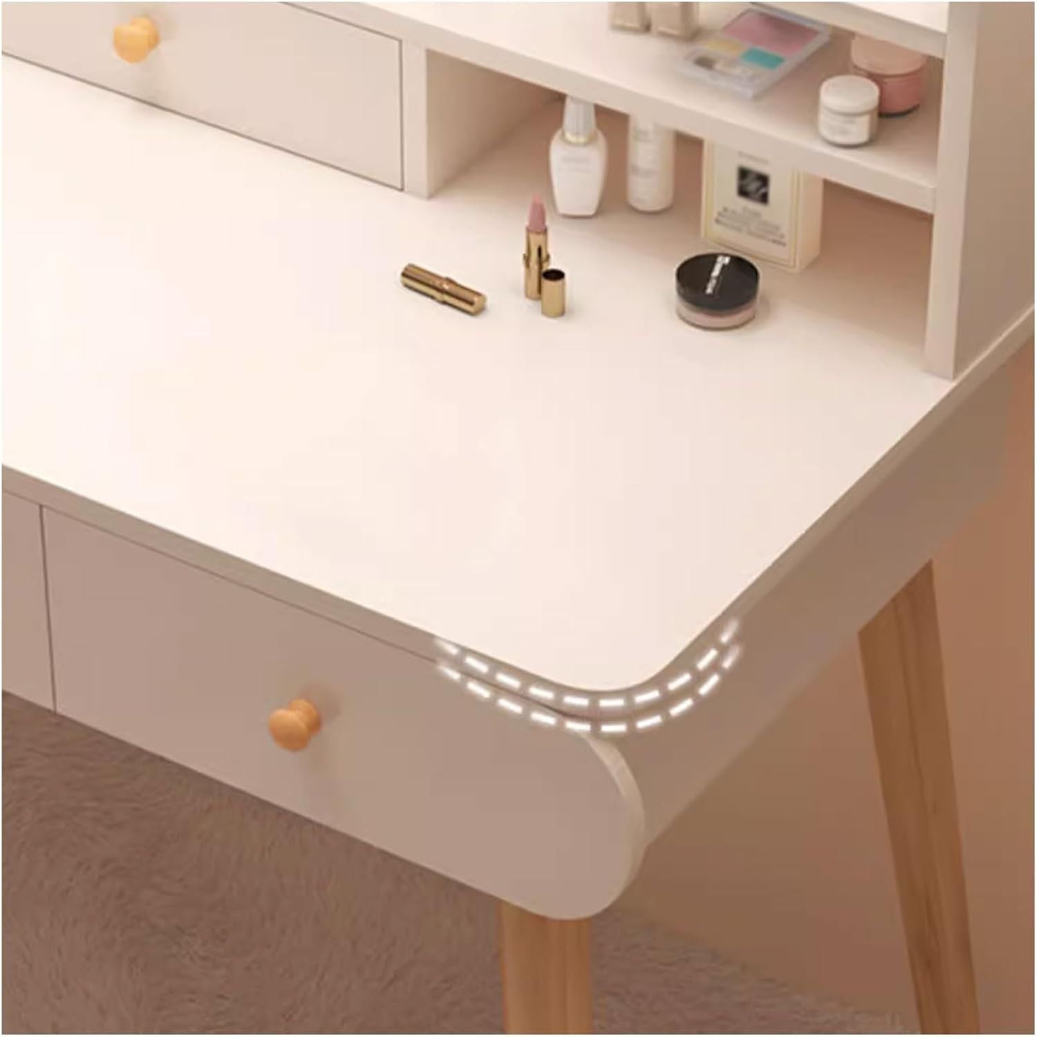 Masa toaletă cu oglindă LED tactilă, cu rafturi și sertare – MDF + lemn masiv, alb/gri, 100x120x40 cm