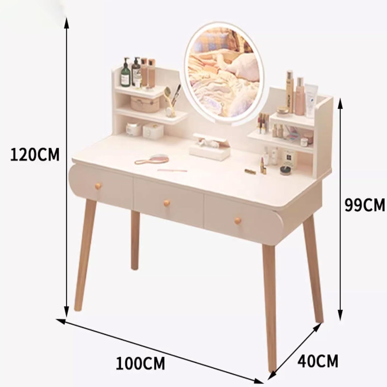 Masa toaletă cu oglindă LED tactilă, cu rafturi și sertare – MDF + lemn masiv, alb/gri, 100x120x40 cm