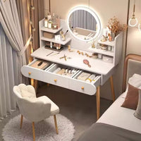 Masa toaletă cu oglindă LED tactilă, cu rafturi și sertare – MDF + lemn masiv, alb/gri, 100x120x40 cm - imagine 3