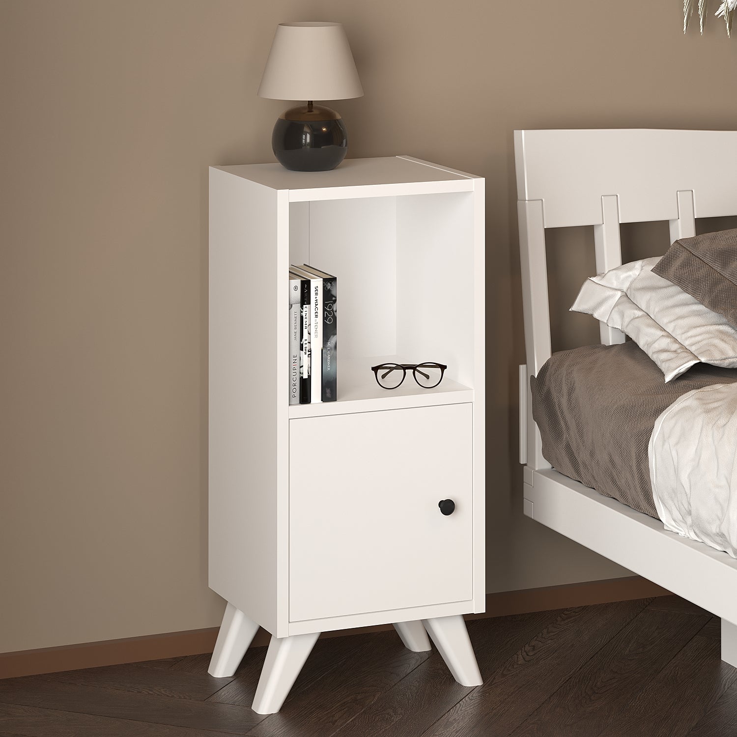 Noptiera Corfu compacta cu sertar si raft, noptiera dormitor 78 x 34 x 30 cm, PAL melaminat 18 mm clasa E1, design minimalist ideal pentru dormitoare mici, montaj rapid fara unelte speciale, stil modern scandinav
