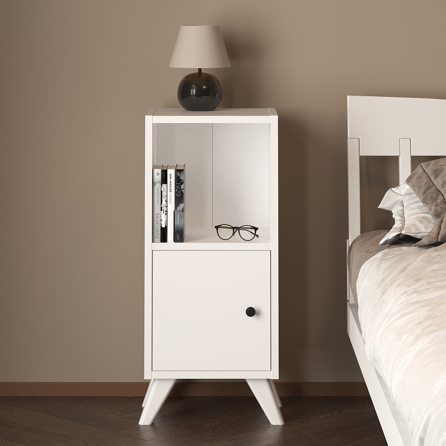 Noptiera Corfu compacta cu sertar si raft, noptiera dormitor 78 x 34 x 30 cm, PAL melaminat 18 mm clasa E1, design minimalist ideal pentru dormitoare mici, montaj rapid fara unelte speciale, stil modern scandinav