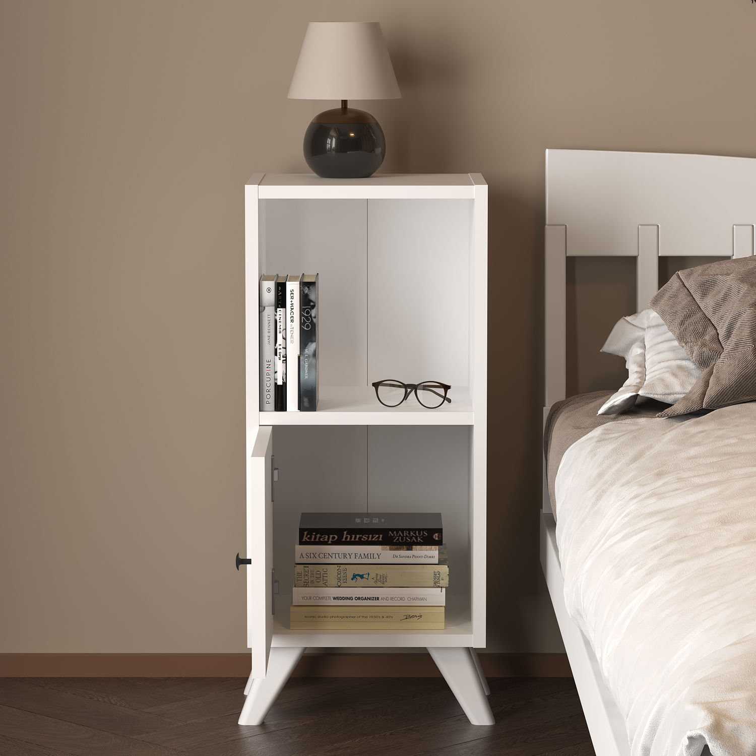 Noptiera Corfu compacta cu sertar si raft, noptiera dormitor 78 x 34 x 30 cm, PAL melaminat 18 mm clasa E1, design minimalist ideal pentru dormitoare mici, montaj rapid fara unelte speciale, stil modern scandinav