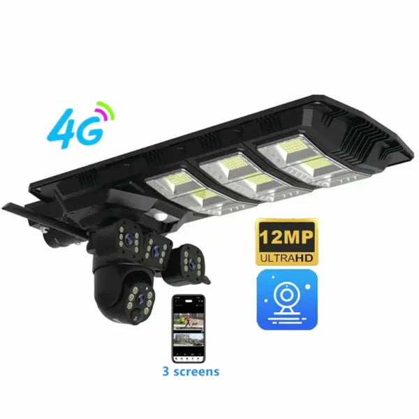 Lampa cu panou solar, 450 W, cu 3 camere supraveghere incorporate, slot sim, 4G, 12MP