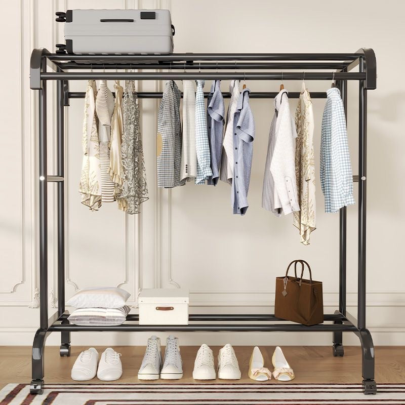 Suport dublu de umerase pentru haine, cu 1 suport de pantofi, din metal, cu raft depozitare deasupra – 50KG greutate maxima, 150x120x48cm