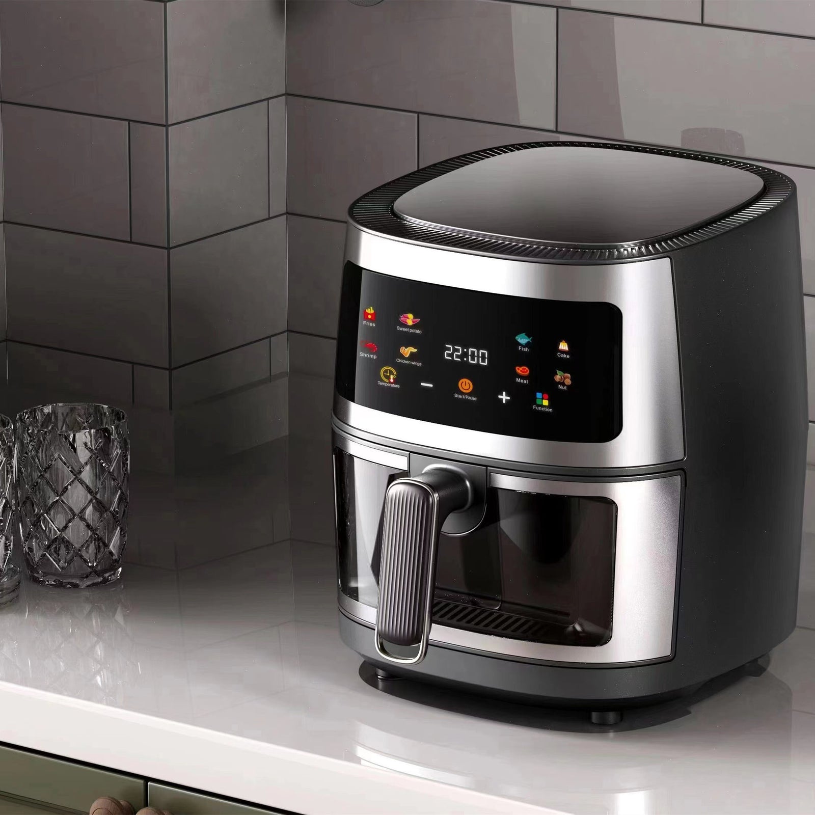 Friteuza cu aer cald, Air Fryer 8L, 2400 W, afisaj digital LCD color, Touch control, otel inoxidabil