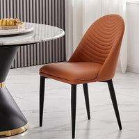Scaun de dining tapițat, cu spătar ergonomic și picioare metalice, maro coniac