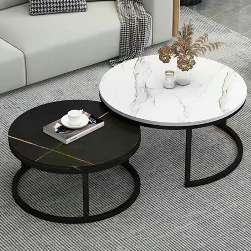 RESIGILAT - Set 2 masute rotunde de cafea cu efect de marmura, diametru 80/60 cm, blat MDF, cadru metalic