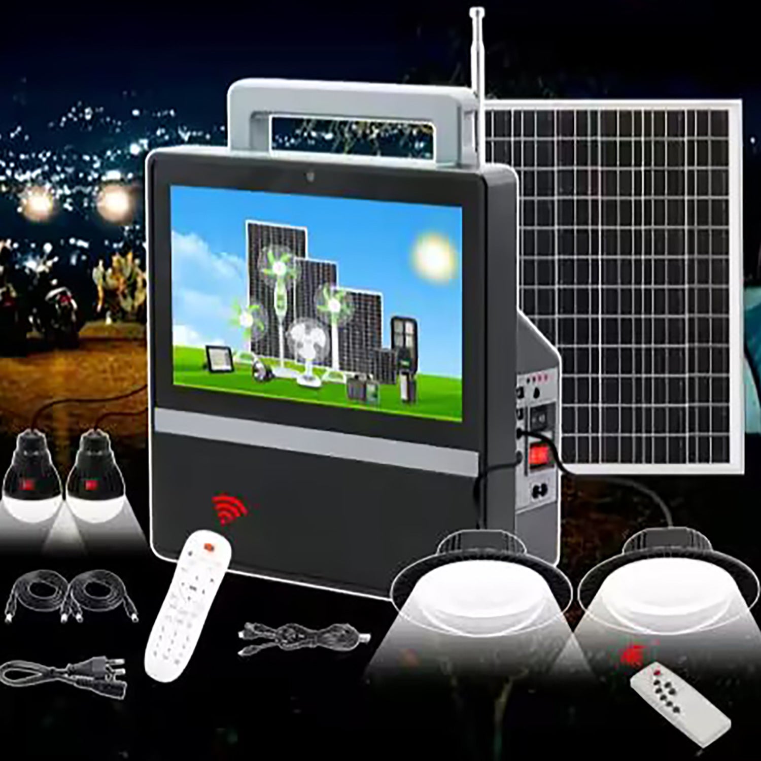 Televizor Solar 10 inch GD8088 cu 2 Proiectoare LED si 2 Becuri LED de 5W si Power Bank USB