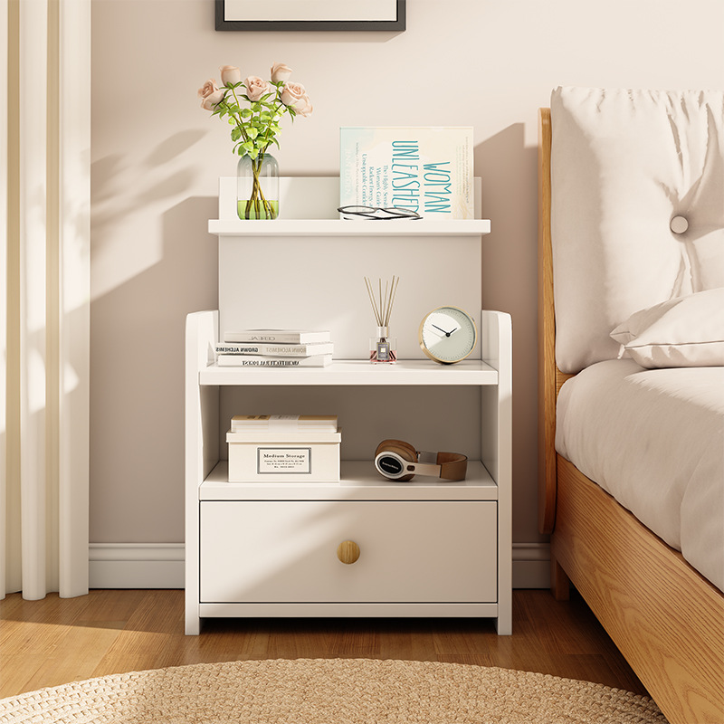 Noptiera moderna cu sertar si 3 polite, 33x26x60cm, alba