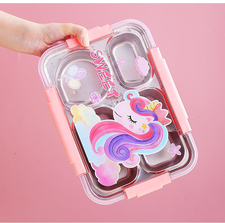 Caserola termica 4 compartimente din inox pentru copii cu lingurita, 900 ml, 16.8 X 22.6 X 6.5cm