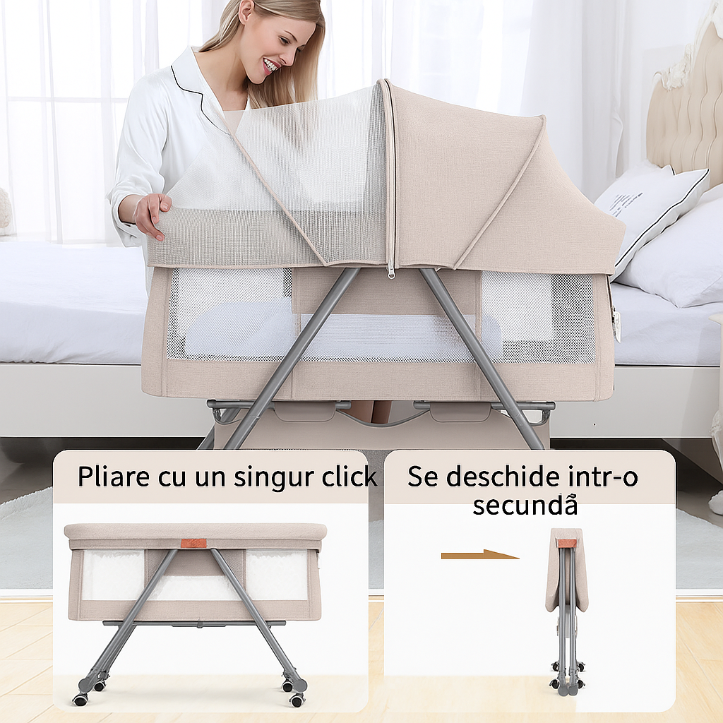 Patut Bebe Multifunctional – Portabil, Pliabil, cu Roti, cu Saltea, Nou-Nascuti