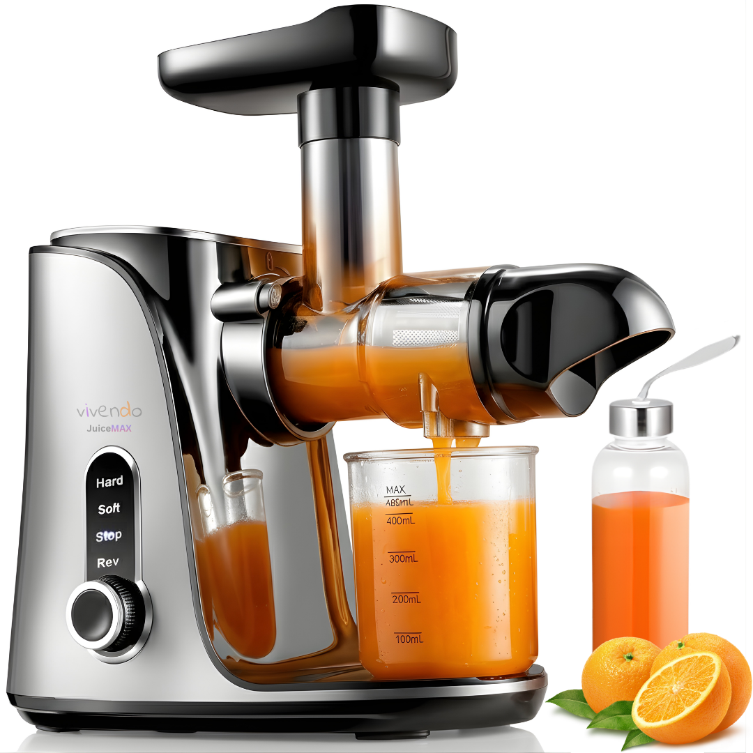 Storcator Multifunctional JuiceMAX cu Presare la Rece – Motor DC 150W, 110 RPM, Corp Inox, Functie Reverse, pentru Fructe, Legume si Frunze Verzi
