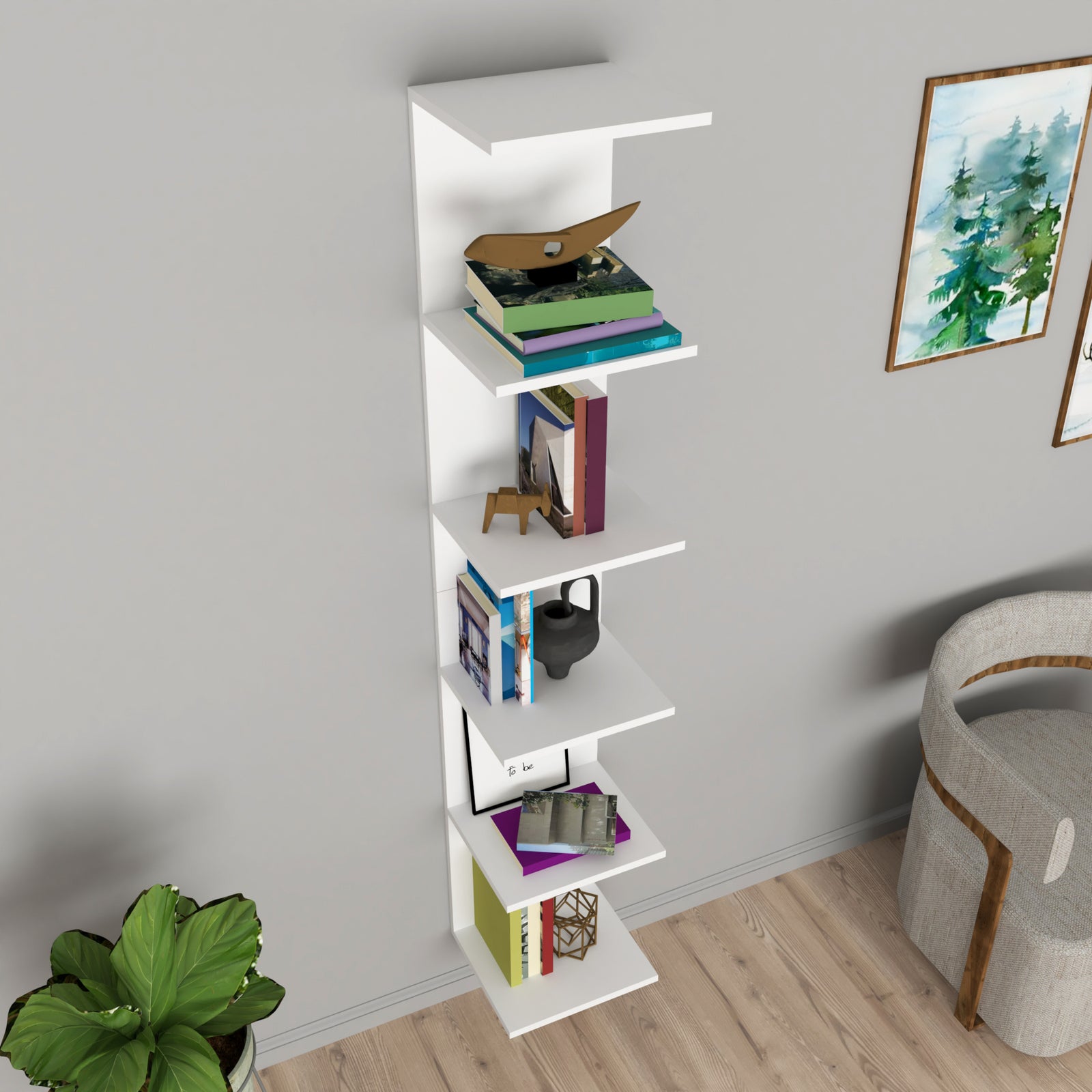 Bibliotecă de perete, 5 rafturi, design modern și compact, 180x34.6x31.5 cm