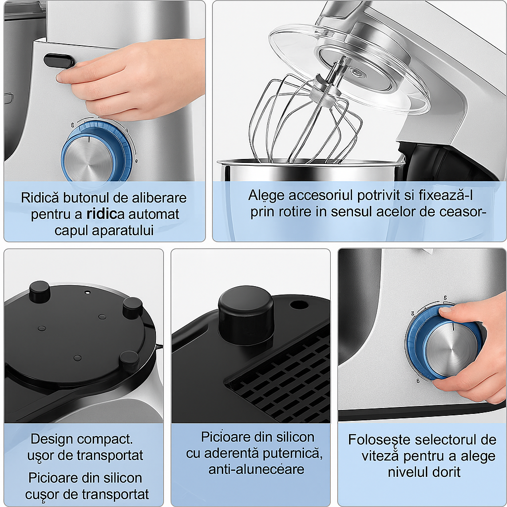 Robot de bucatarie 1400W cu bol inox 5.5L – mixer, tocator si blender multifunctional, argintiu