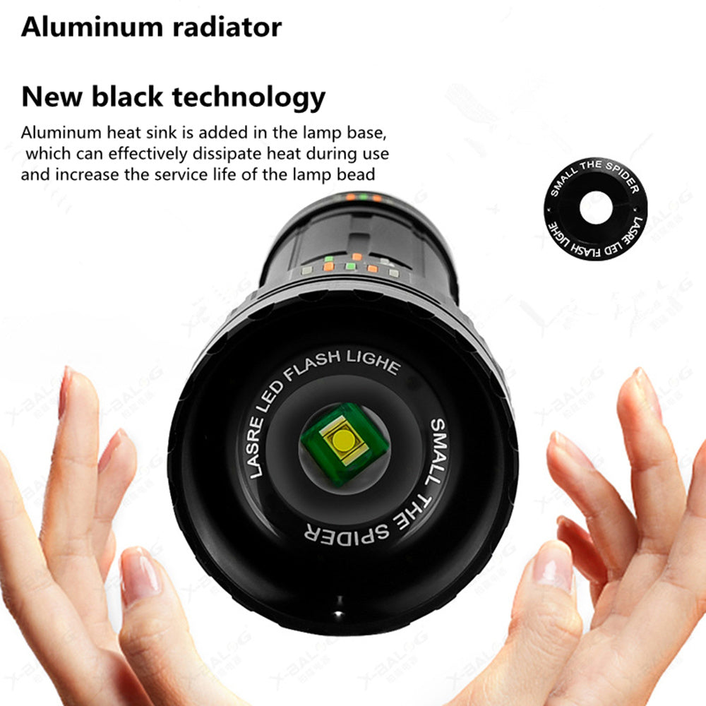 Lanterna profesionala cu led laser, 5km raza actiune, 30000 lumeni, 6 moduri luminare, 90W, incarcare USB-C, baterii incluse