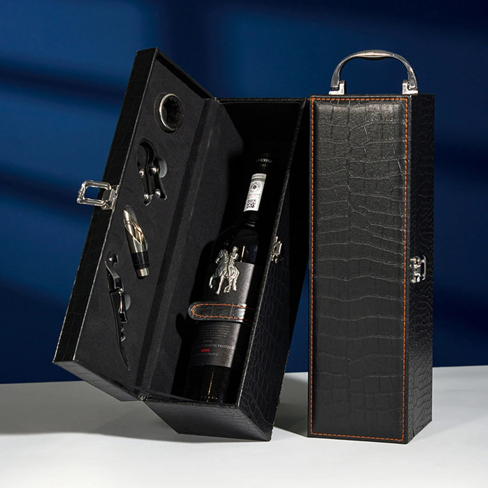 Set Cadou Cutie din Lemn pentru Sticla de Vin cu Accesorii – Elegant si Premium