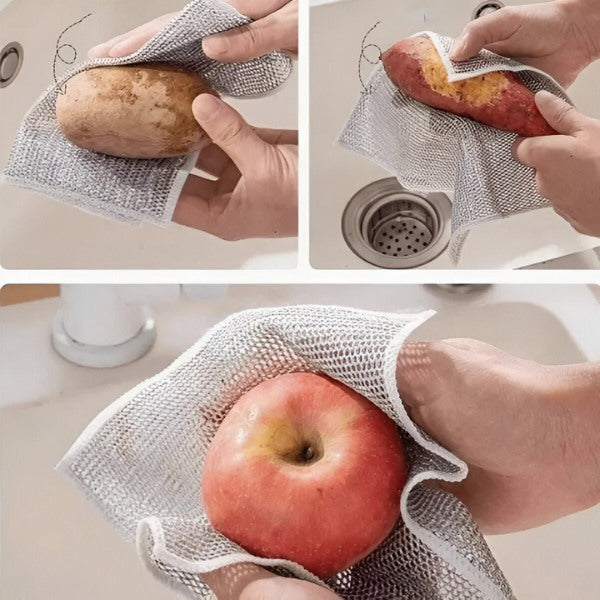 Set 10 lavete din microfibra metalica, abraziva, pentru vase, utilizare umeda si uscata, 20 x 20 cm, argintiu