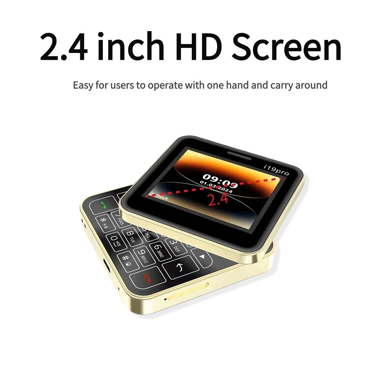 Telefon Mini i19 Pro Slide Button – 2.4", Dual SIM, 2G GSM, camera, FM, Bluetooth, butoane, deblocat