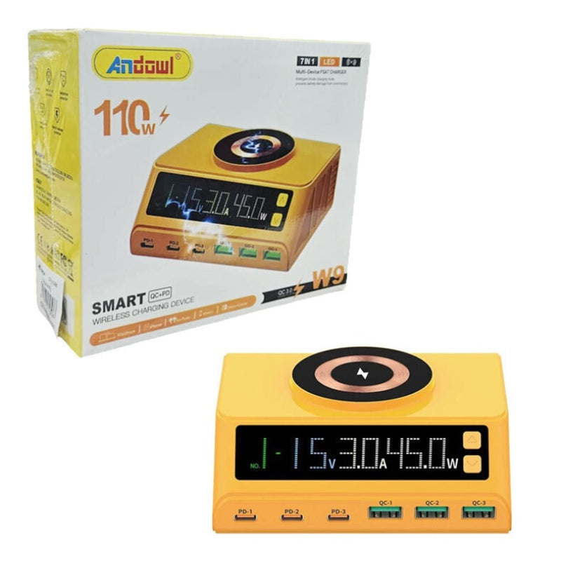 Statie de incarcare wireless M9A 110W cu 6 porturi USB si afisaj LED – Galben