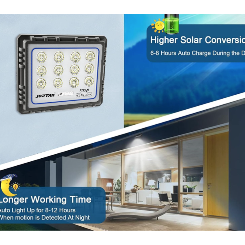 Proiector solar LED Jortan 600/800/1000W cu panou solar, telecomanda, IP66, iluminare exterior