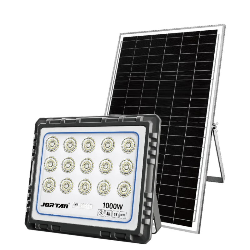 Proiector solar LED Jortan 600/800/1000W cu panou solar, telecomanda, IP66, iluminare exterior