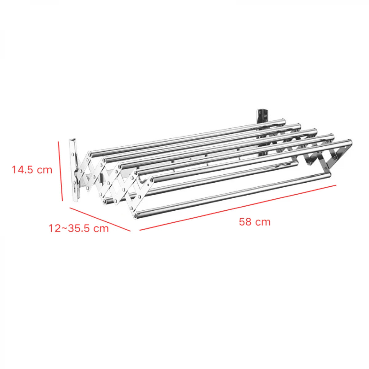 Suport pliabil pentru prosoape, inox, 7 bare, 5 carlige, 12-35.5 cm x 58 cm x 14.5 cm, argintiu