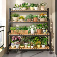 Etajeră plante cu 4 rafturi bambus și roți, cadru metalic – Negru, pentru interior/exterior, 145x48x10 - imagine 2