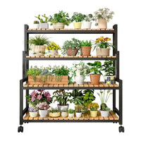 Etajeră plante cu 4 rafturi bambus și roți, cadru metalic – Negru, pentru interior/exterior, 145x48x10 - imagine 3