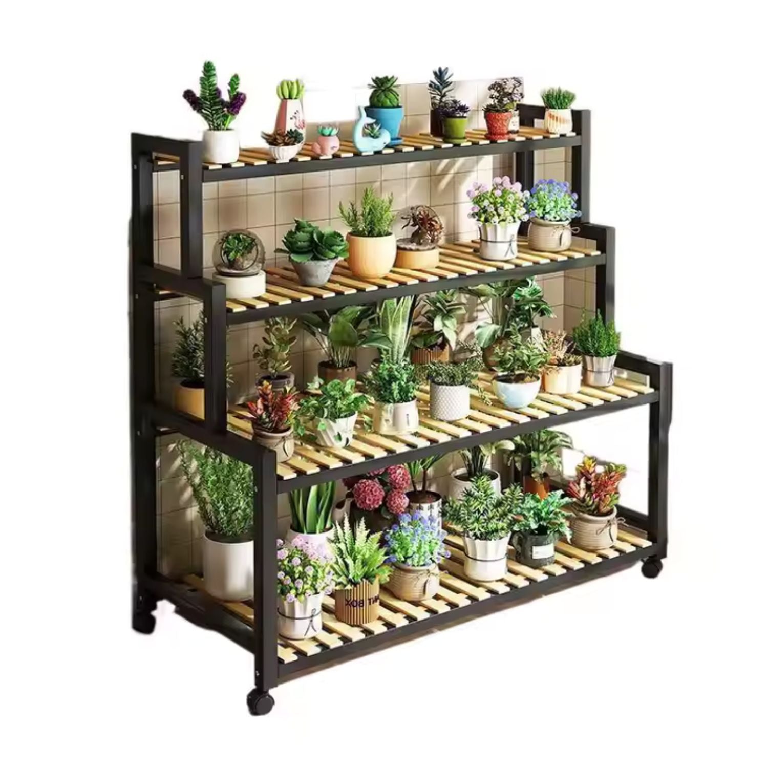 Etajeră plante cu 4 rafturi bambus și roți, cadru metalic – Negru, pentru interior/exterior, 145x48x10